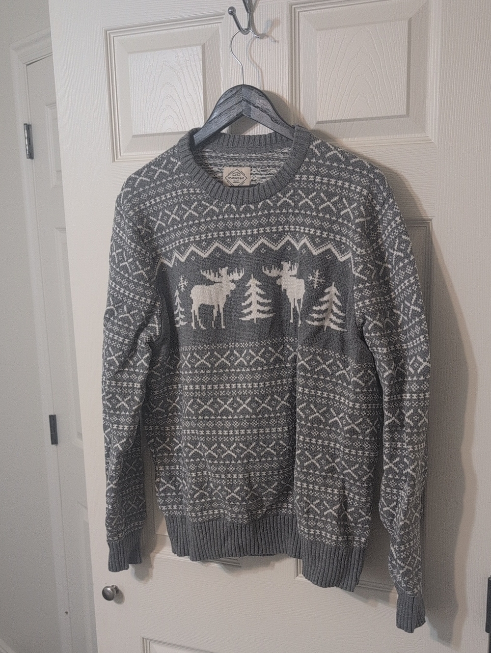 St. John's Bay Gray and White Moose Fair Isle Crewneck Sweater